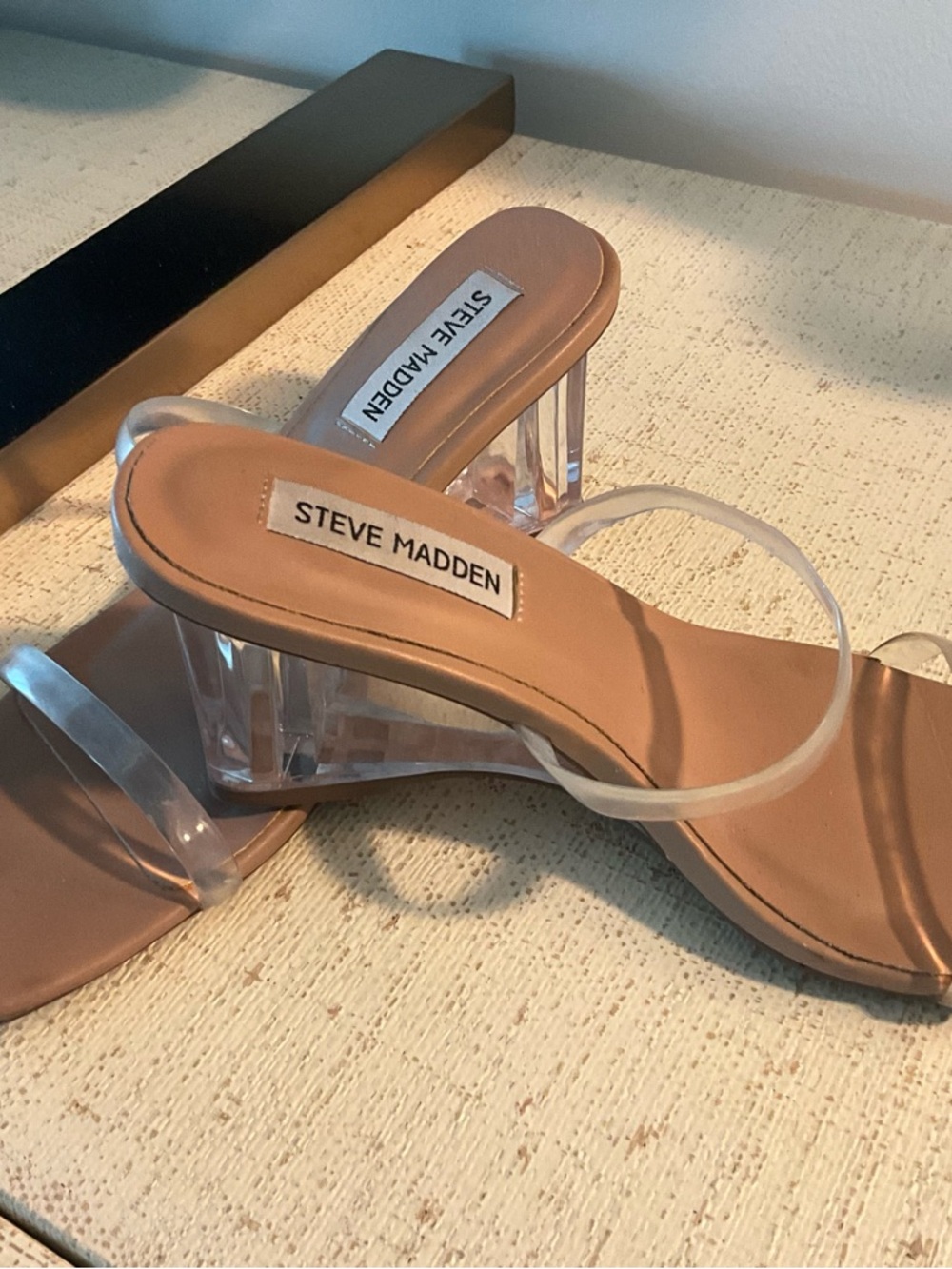 Steve Madden Nude Square-Toe Heels with Clear Straps